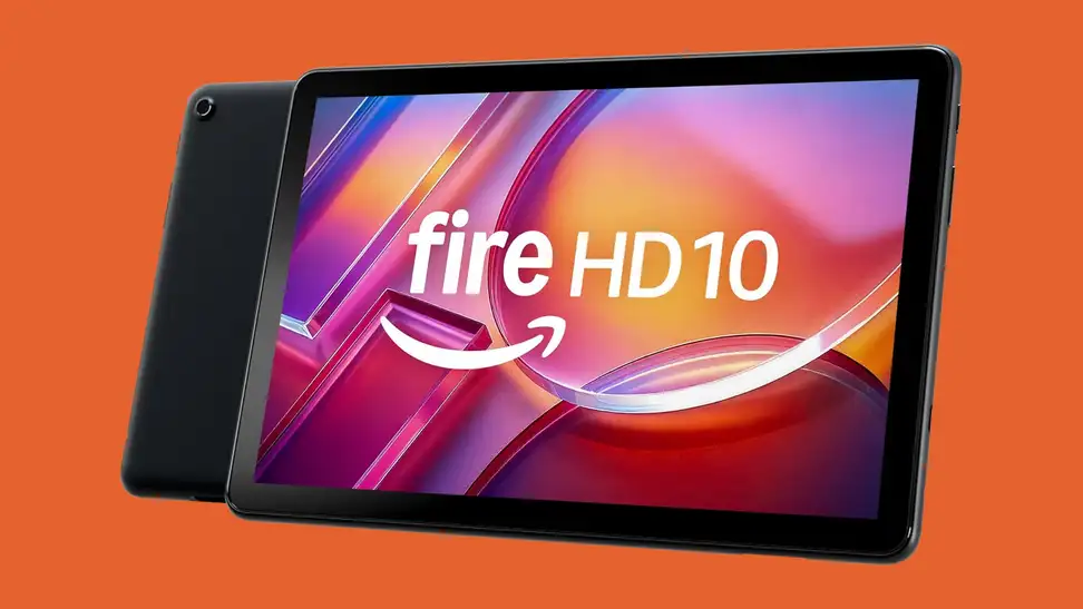 The Amazon Fire HD 10 tablet shown from the front and back on an orange background.