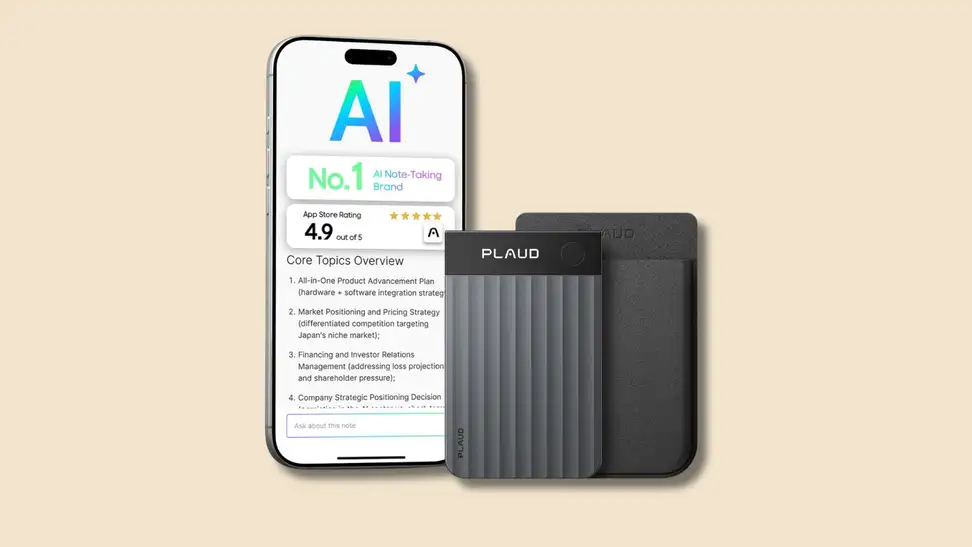 Plaud Note Pro AI voice recorder next to a smartphone displaying the Plaud app with a meeting summary and core topics overview
