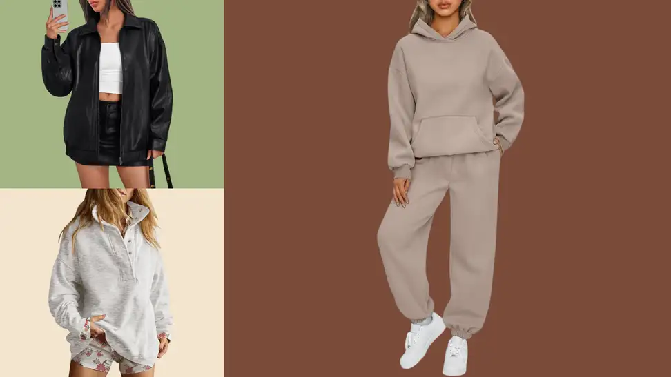 A three square image features a brunette woman in a black leather jacket on a green background, a woman in a grey henley on a beige background, and a woman in a light brown sweat set with a mockneck on a chocolate brown background