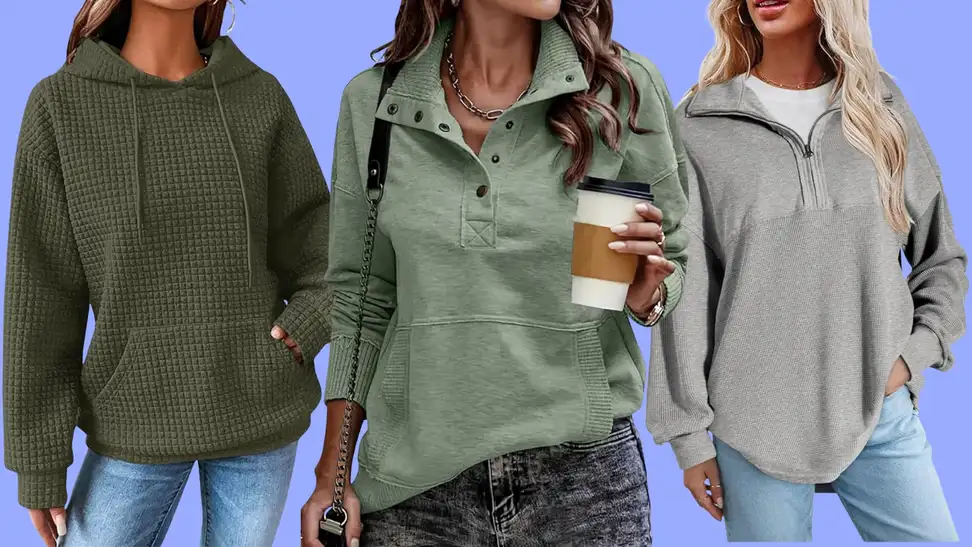 Three women wearing sweatshirts silhouetted against a lavender background.