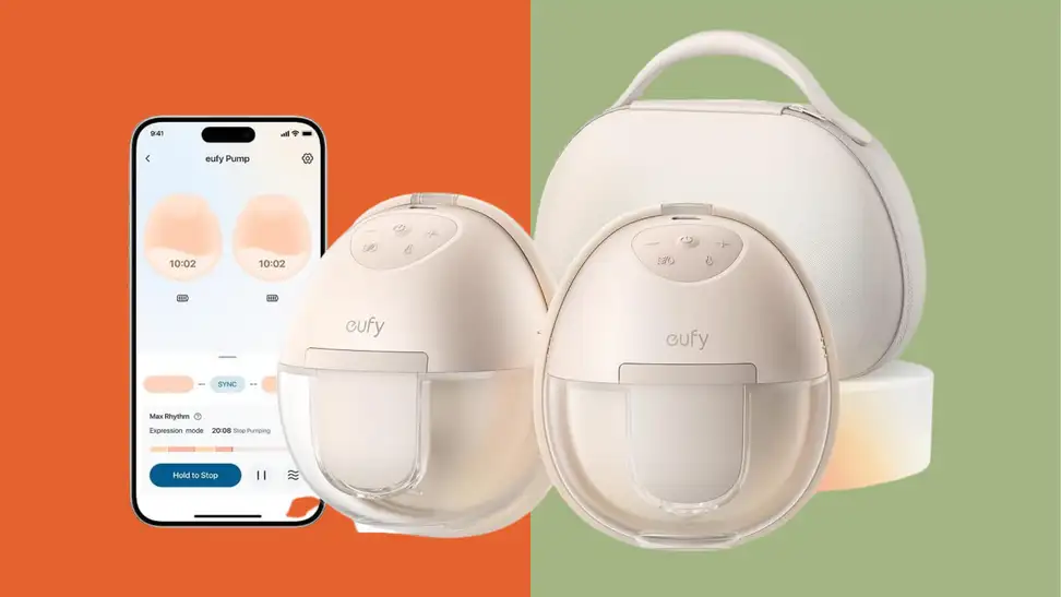 eufy heated breast pump on an orange and green background