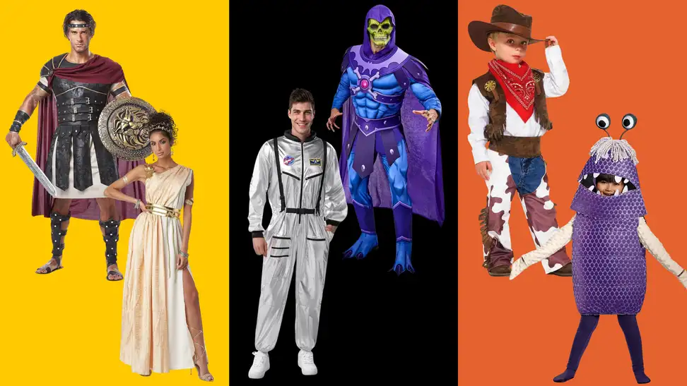 A gladiator, goddess, astronaut, Skeletor, cowboy, and Boo in front of a tri-color background