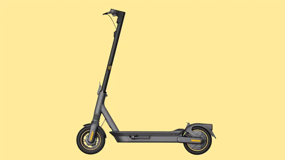 An electric scooter shown from the side against a yellow background