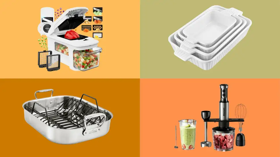 Four kitchen essentials — veggie chopper, casserole dishes, immersion blender, and roasting pan —against a multicolored background in fall colors.