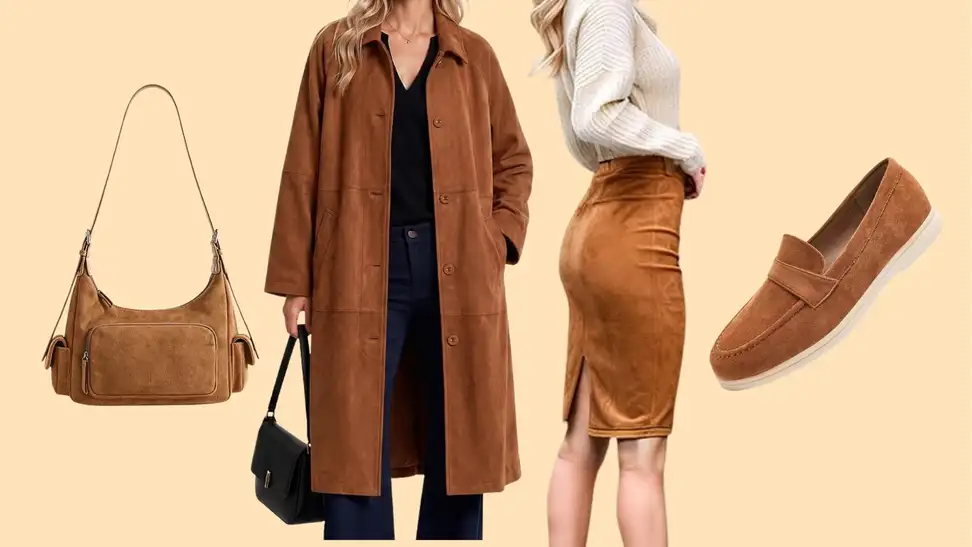 Four suede pieces — a bag, trench coat, pencil skirt, and loafers ± against a beige background