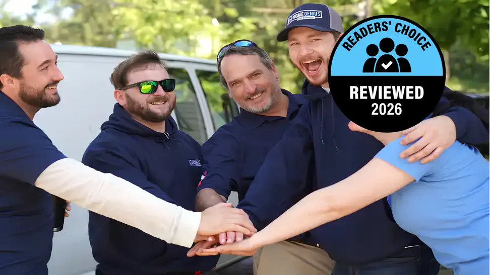 Five people stand in front of a white van with their hands together in a team huddle