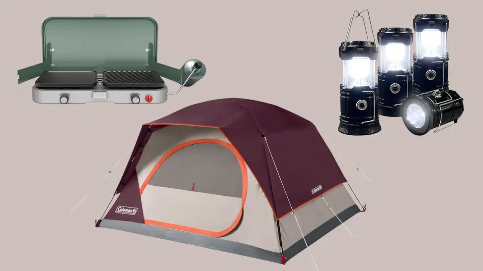 A camping stove, tent, and set of four camping lanterns silhouetted against a grey background.