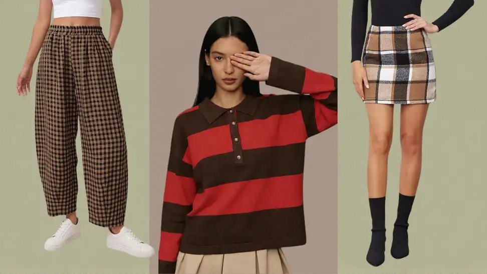 Preppy pieces — gingham pants, rugby sweater, plaid mini — against a brown and green background