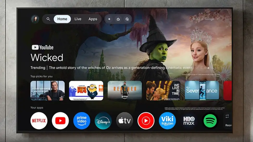 Hisense U7 TV mounted on a wall showing the Google TV home screen with streaming apps
