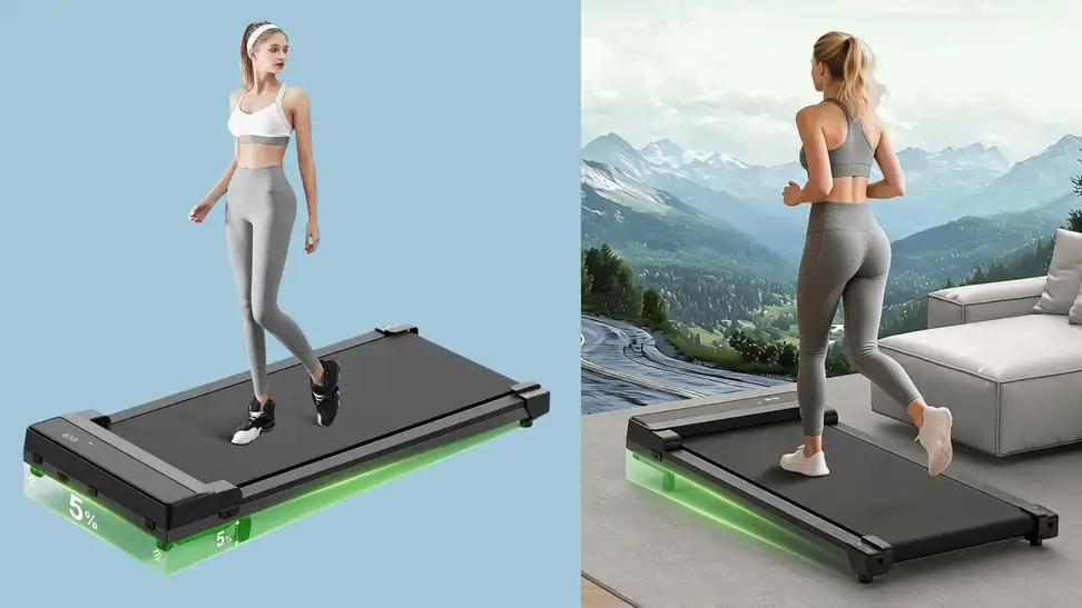 A diptych showing a woman exercising on a walking pad from the side and back