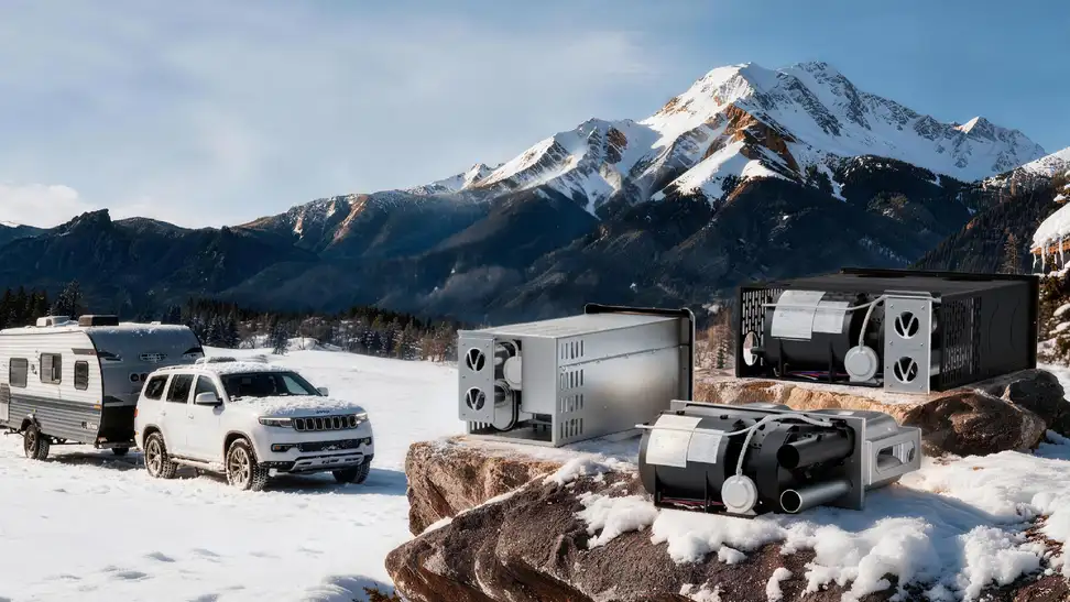 Three FOGATTI RV furnace units sit on snowy rocks in front of a snow-capped mountain range, next to a white SUV hitched to a travel trailer parked in the snow.