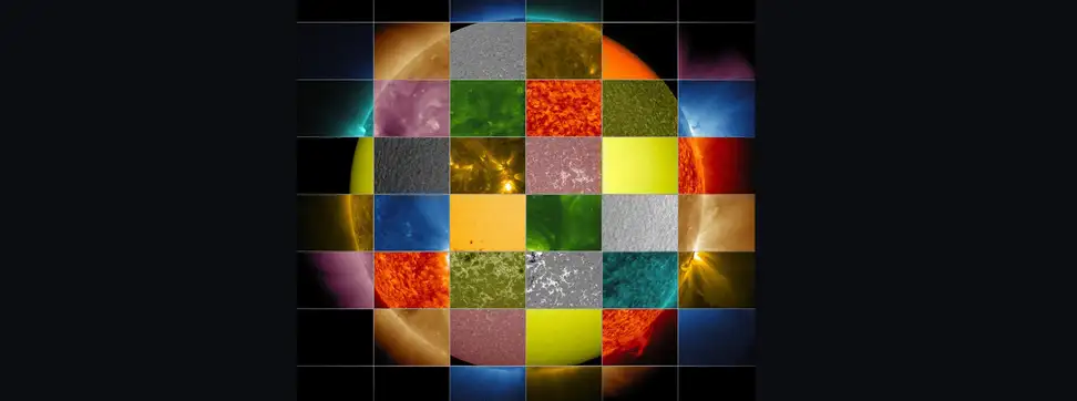 A tiled composite image of the sun depicting multiple wavelengths of light.