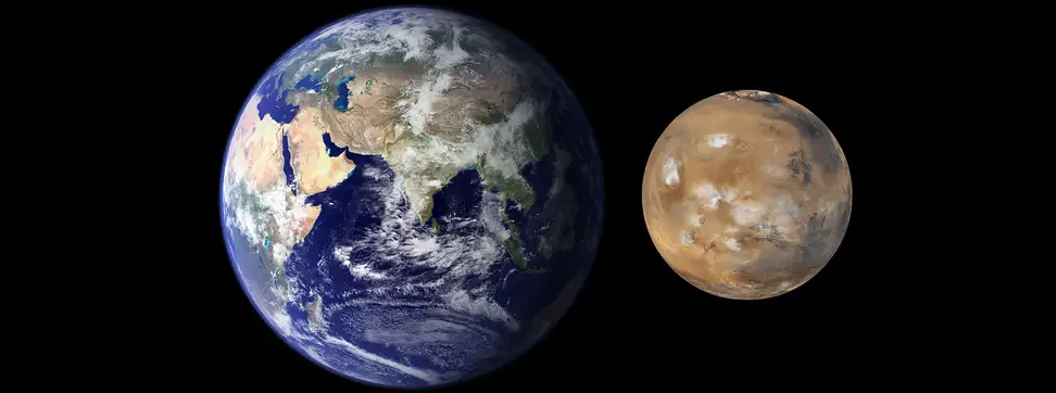 A size comparison of Earth and Mars.