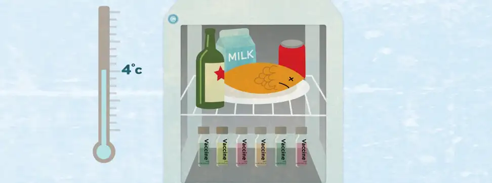 An illustrated fridge interior with vaccines in it.