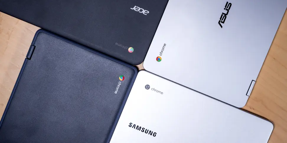 Four chromebooks pictured from above