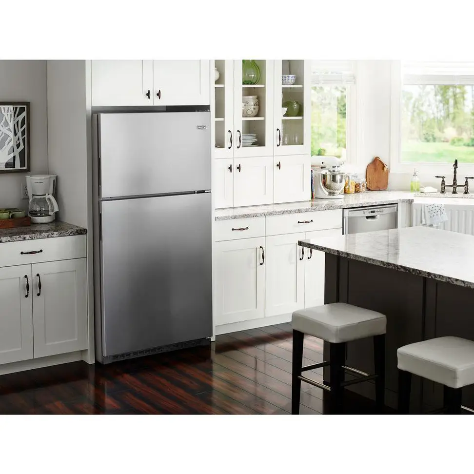 A top-freezer Maytag fridge fits in small spaces.