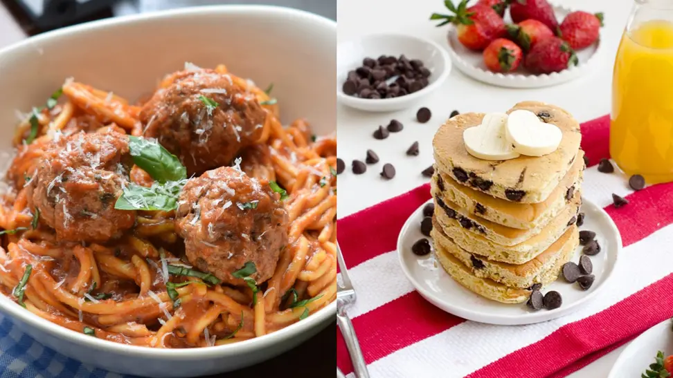 On left, spaghetti and meatballs in a bowl. On right, a stack of heart-shaped chocolate pancakes.