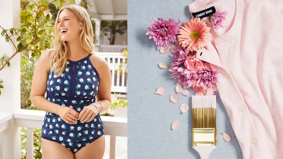 Woman in swimsuit; cardigan next to paintbrush