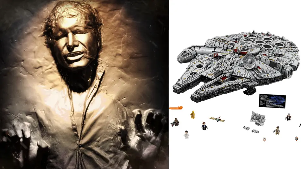 Han Solo in Carbonite and Millenium Falcom lego