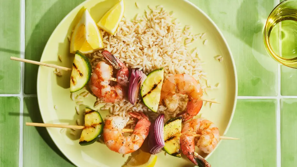 Barbecue shrimp on a plate of rice