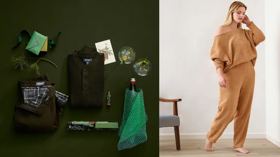 Clothing from Bonobos and a woman wearing Eloquii loungewear