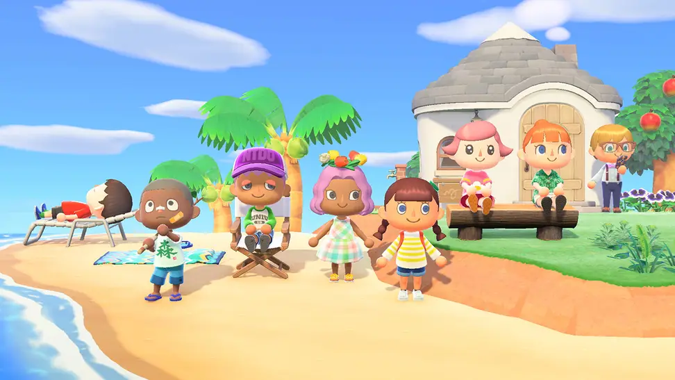 A group of friends stand on a beach in Animal Crossing: New Horizons.