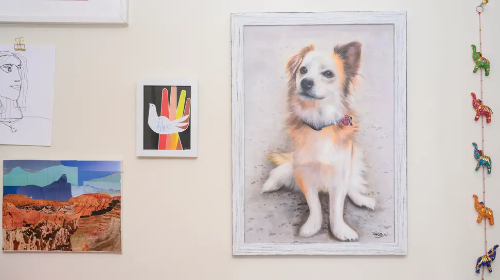 Paint Your Life dog portrait on a wall with other artwork