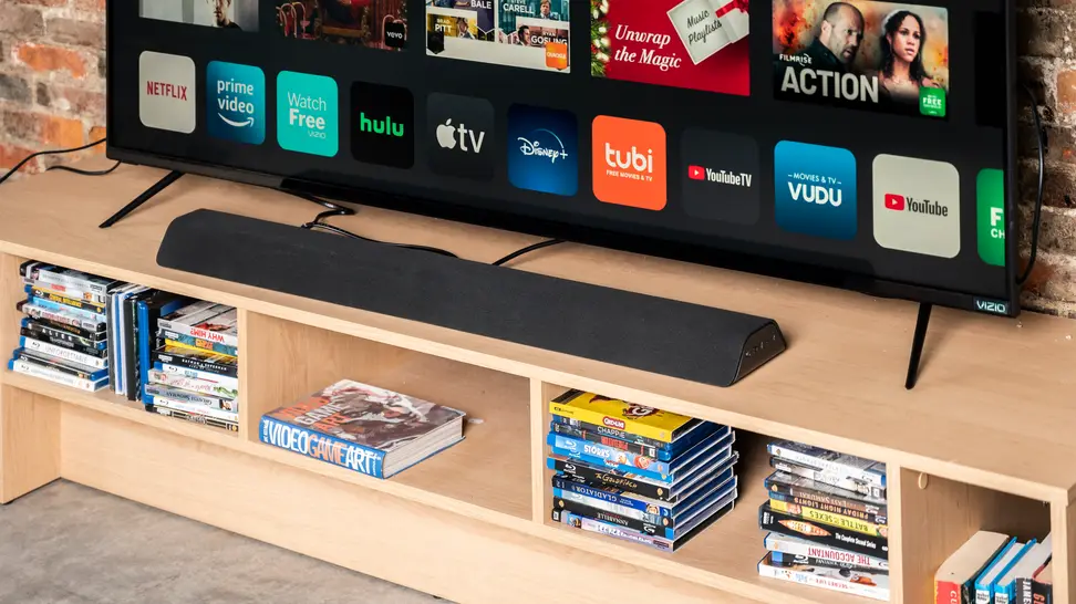 The Vizio M-Series All-in-One soundbar features a 2.1-channel system with a pair of built-in subwoofers.