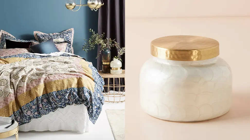 Left: Boho bedding on a bed. Right: white capri candle.