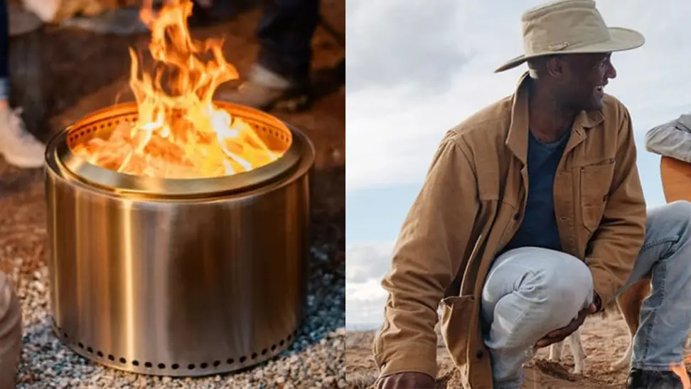 Fire pit burning / Man wearing a brim hat outdoors