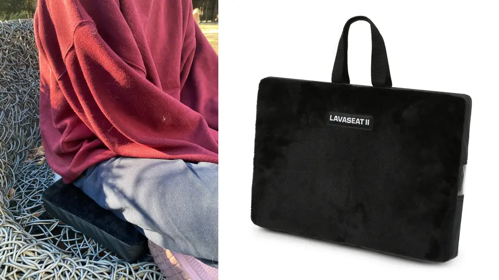 A girl sits on the heated cushion, next to an image of the heated cushion in its carry case