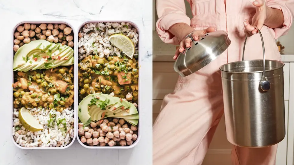 Food in containers and a compost bin.