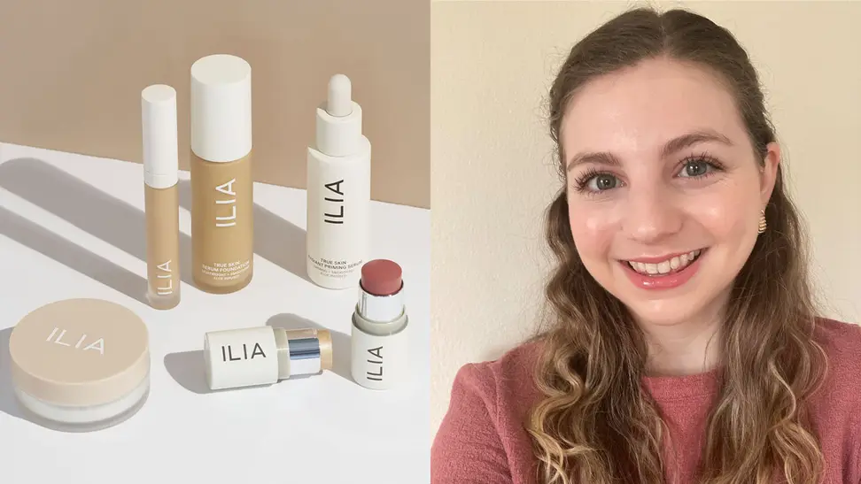A grouping of Ilia Beauty products and the author after applying the Ilia makeup.