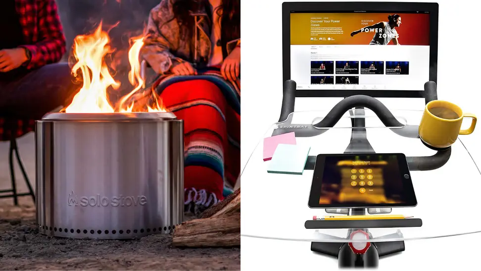 People gathered around the SoloStove / Spintray attached to a Peloton bike with mug and pad on it.