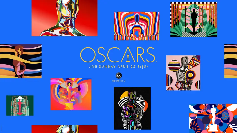 An image of the Oscars landing page in blue featuring bright works of art and the information about the show.