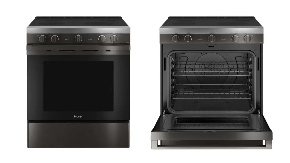 Left: A black stainless steel electric range against a white background. Right: That same range with the oven door open.