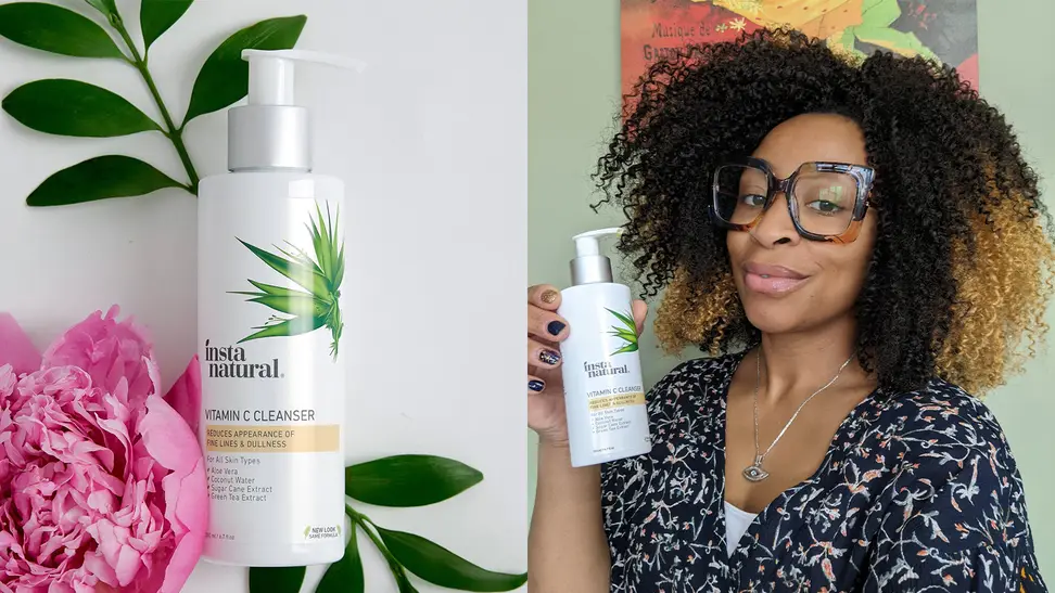 On the left: The InstaNatural Vitamin C Cleanser lays on two plant leaves with a peony flower next to it on top of a white background. On the left: The author holding the InstaNatural Vitamin C Cleanser and smiling at the camera.