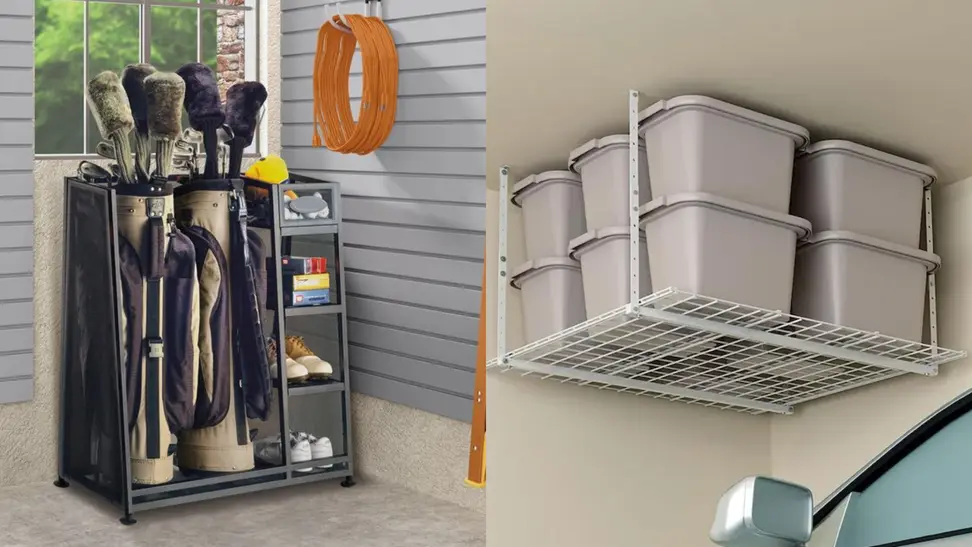 Left: golf organizer with golf clubs and accessories in a garage, Right: bins sitting on an overhead storage unit in a garage