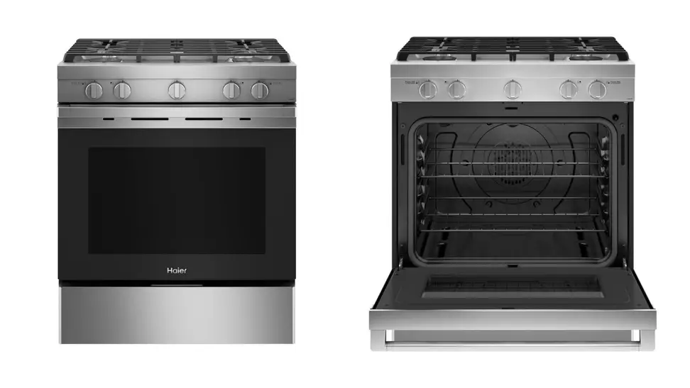 Left: A stainless steel gas range by Haier pictured with a closed door. Right: The same range, but with the door open.