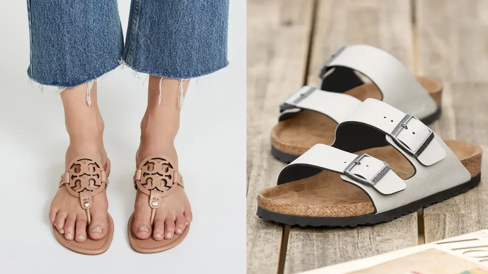 Women's sandals for summer: Tory Burch Miller sandal and Birkenstocks