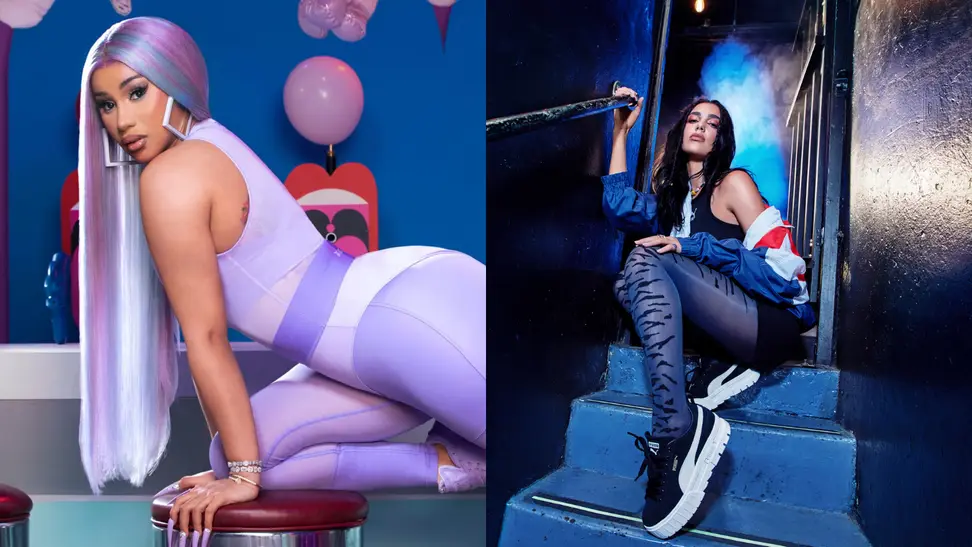 Cardi B wearing Reebok clothing, Dua Lupa wearing Puma atheleisure