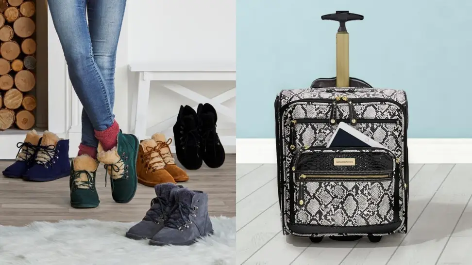 a pair of Bearpaw boots and carry on luggage
