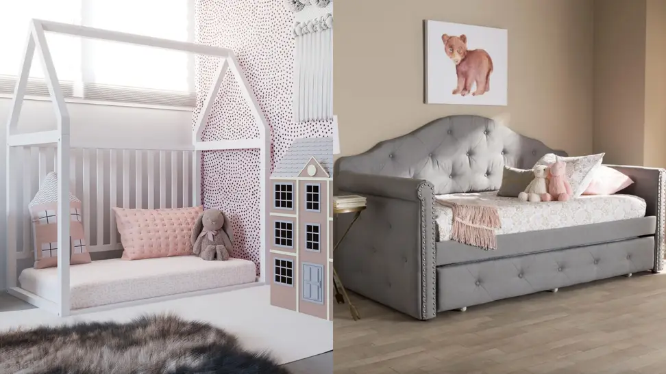 On left, white 5-in-1 convertible crib in toddler girl's bedroom. On right, gray tufted daybed in child's bedroom.