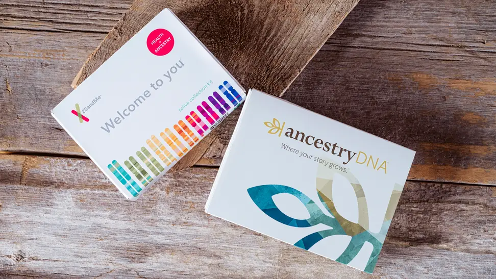 23andMe and AncestryDNA testing kit boxes.