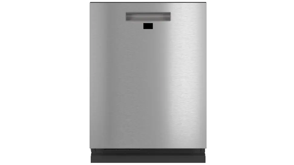 A straight-on shot of the Café CDT875M5NS5 dishwasher, floating in a white void. Its Platinum Glass facade is almost bare, save for its pocket handle and a tiny LCD readout.