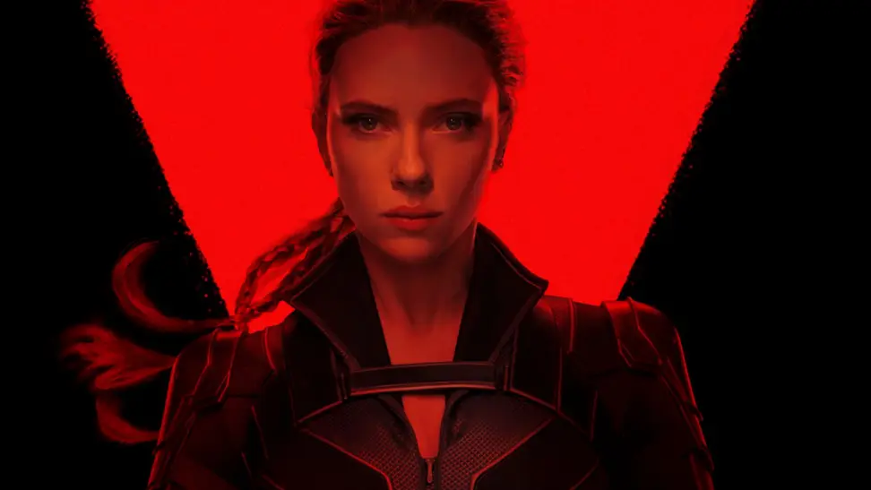 An image of Scarlett Johansson against a background with a red hour glass