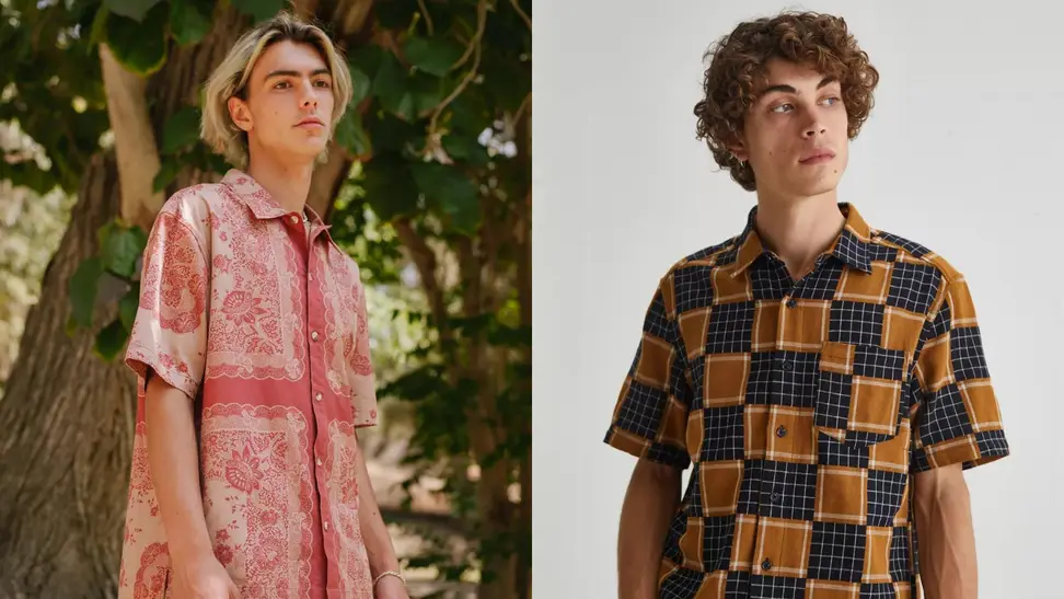 man wearing red paisley shirt, man wearing checkerboard grid shirt