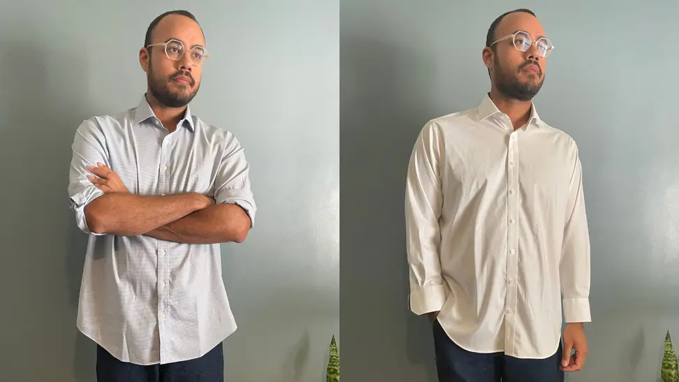 A man crossing arms in Twillory shirt, man with hand in pocket wearing white Twillory button-down shirt.
