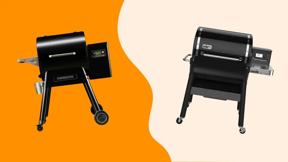 A Weber and a Traeger pellet grill, side by side on a colorful orange background.