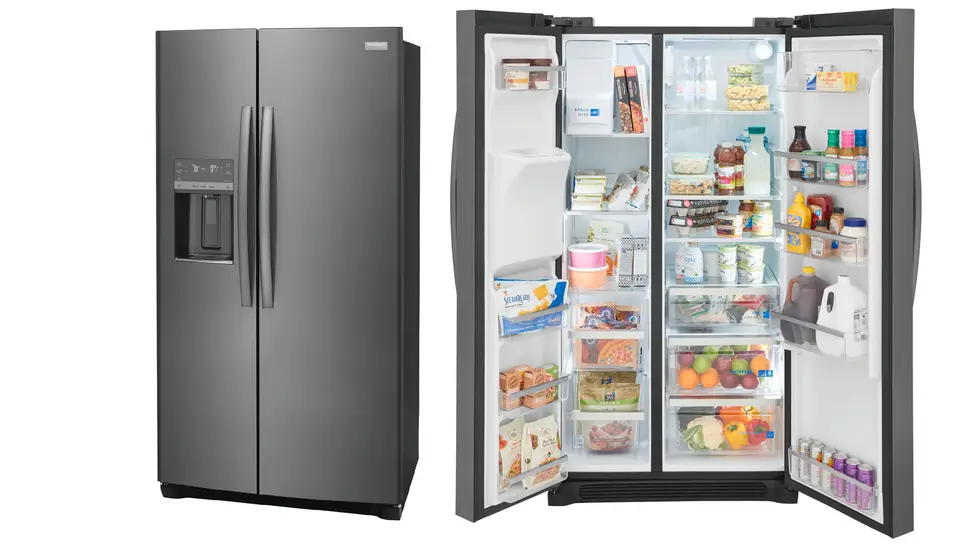 Two Frigidaire Gallery GRSC2352AF refrigerators standing next to each other in a white void. The fridge on the left has its doors closed and the fridge on the right has its door open, showcasing the interior.